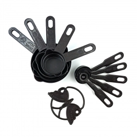 Plastic Measuring Cups and Spoons (11 Pcs, Black) With butterfly shape Holder