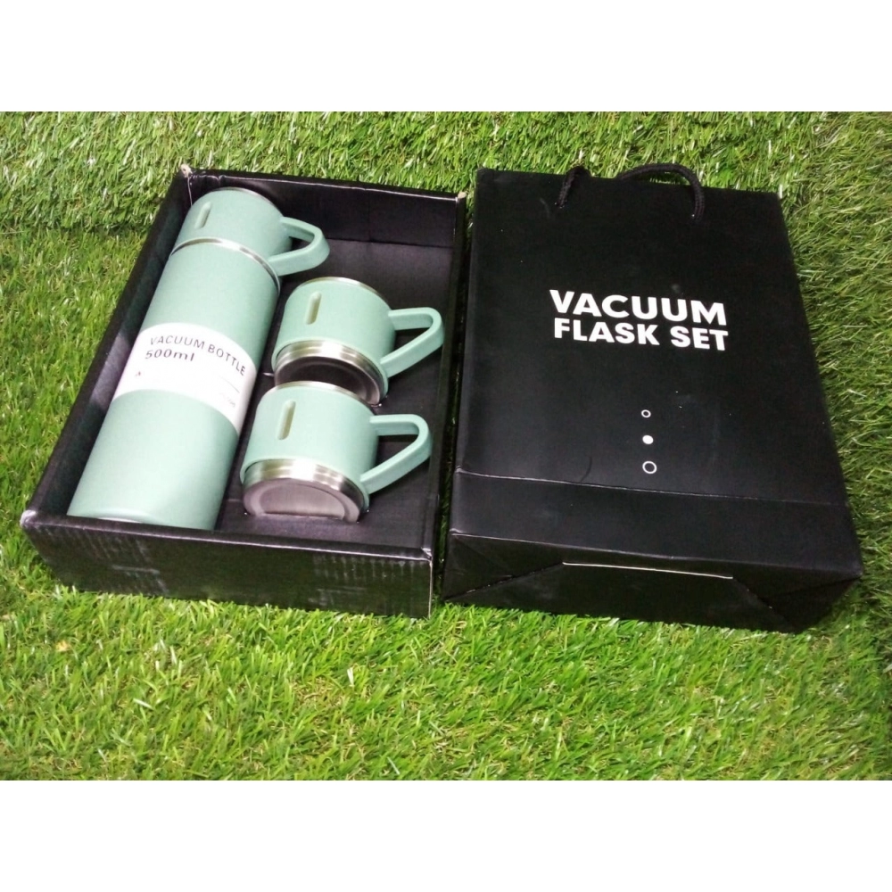 Stainless Steel Vacuum Flask Set with 3 Steel Cups Combo for