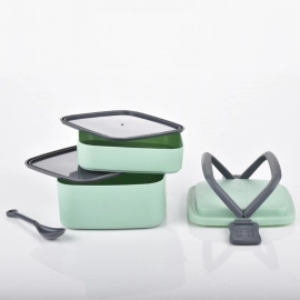 GREEN DOUBLE-LAYER PORTABLE LUNCH BOX STACKABLE  LUNCH BOX
