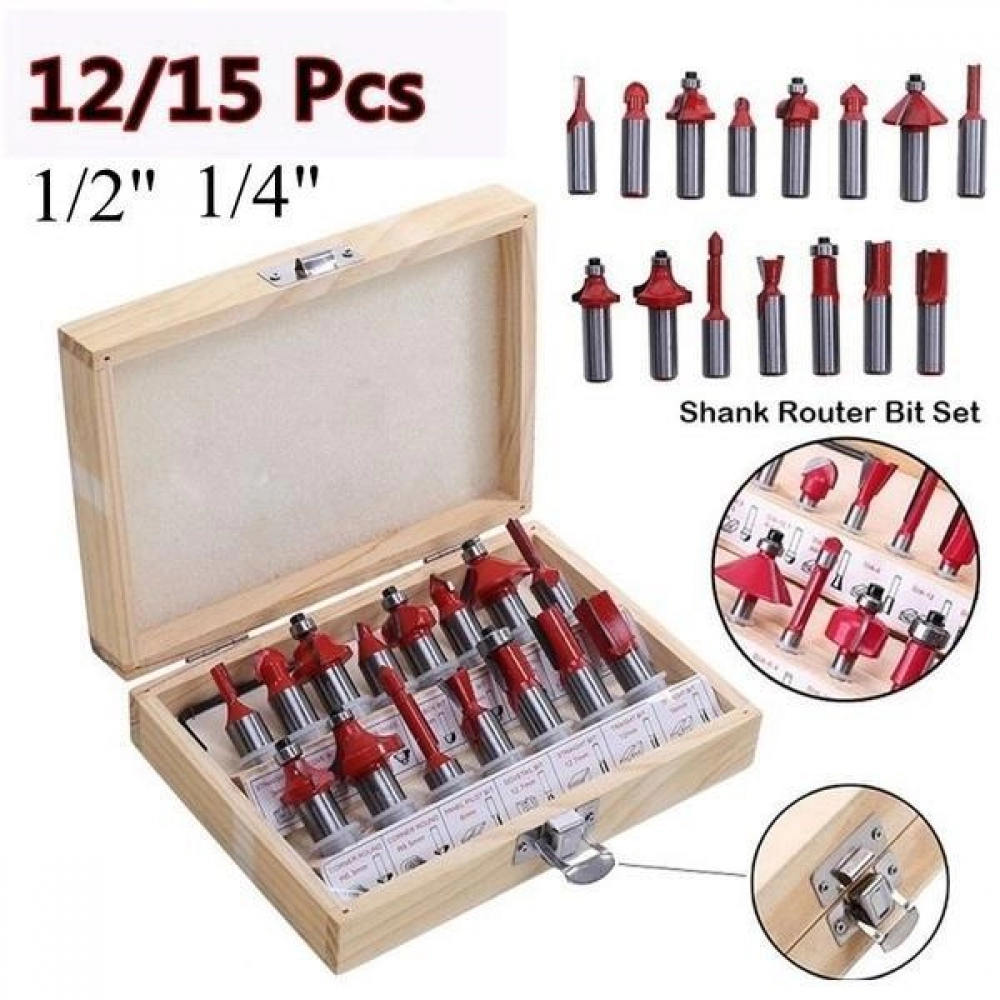 15Pcs Milling Cutter Router Bit Set Carbide Shank Mill Woodworking Trimming  Engraving Carving Cutting Tool 