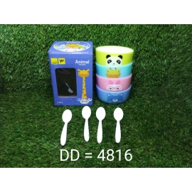 Plastic Animal Cartoon Colorful Bowl Set, 4 Pieces Bowl with 4 Spoons for Kids (Assorted Color)