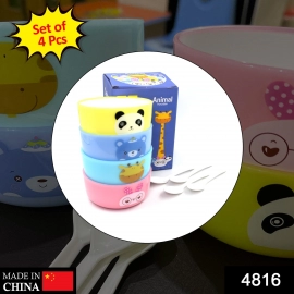 Plastic Animal Cartoon Colorful Bowl Set, 4 Pieces Bowl with 4 Spoons for Kids (Assorted Color)