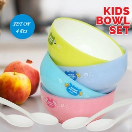 Plastic Animal Cartoon Colorful Bowl Set, 4 Pieces Bowl with 4 Spoons for Kids (Assorted Color)