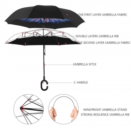 Plain Design Windproof Upside Down Reverse Umbrella With C Shaped Handle
