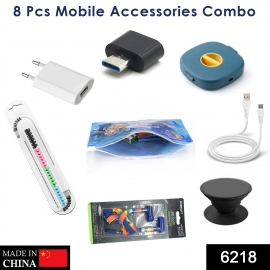 8Pcs Mobile Accessories Combo In Zip Printed Pouch Bag