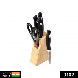 Kitchen Knife Set With Wooden Block And Scissors | 5 pcs, Black