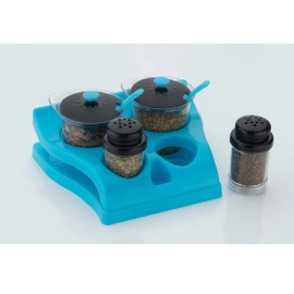 Plastic Aachar Pickle Container | Masala Tray | Dining Spice Stand | Set of 4 Jar | 2 Spoon | 1 Tray