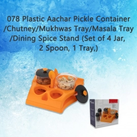 Plastic Aachar Pickle Container | Masala Tray | Dining Spice Stand | Set of 4 Jar | 2 Spoon | 1 Tray