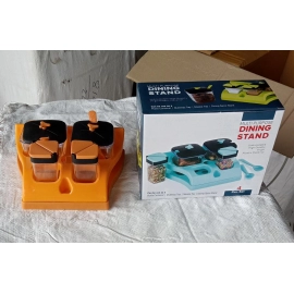 Plastic Aachar Pickle Container | Masala Tray | Dining Spice Stand | Set of 4 Jar | 2 Spoon | 1 Tray