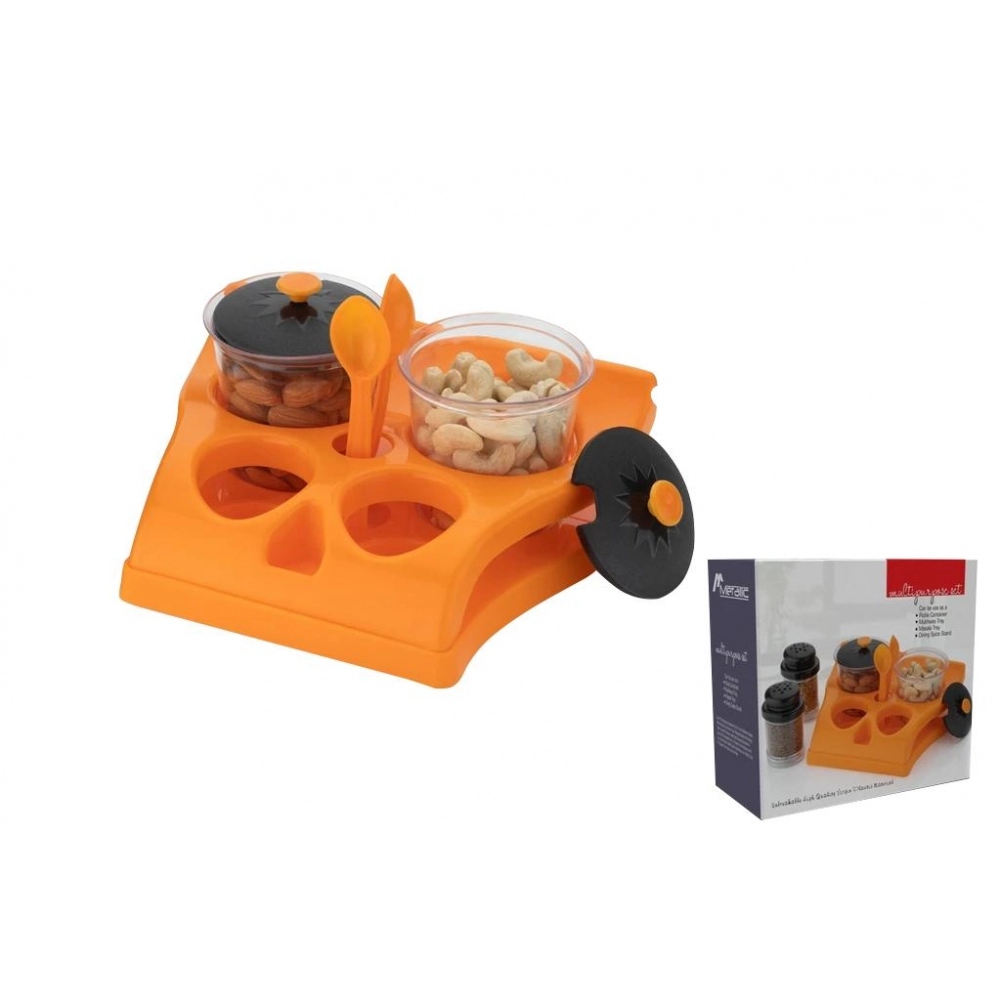 Plastic Aachar Pickle Container | Masala Tray | Dining Spice Stand | Set of 4 Jar | 2 Spoon | 1 Tray
