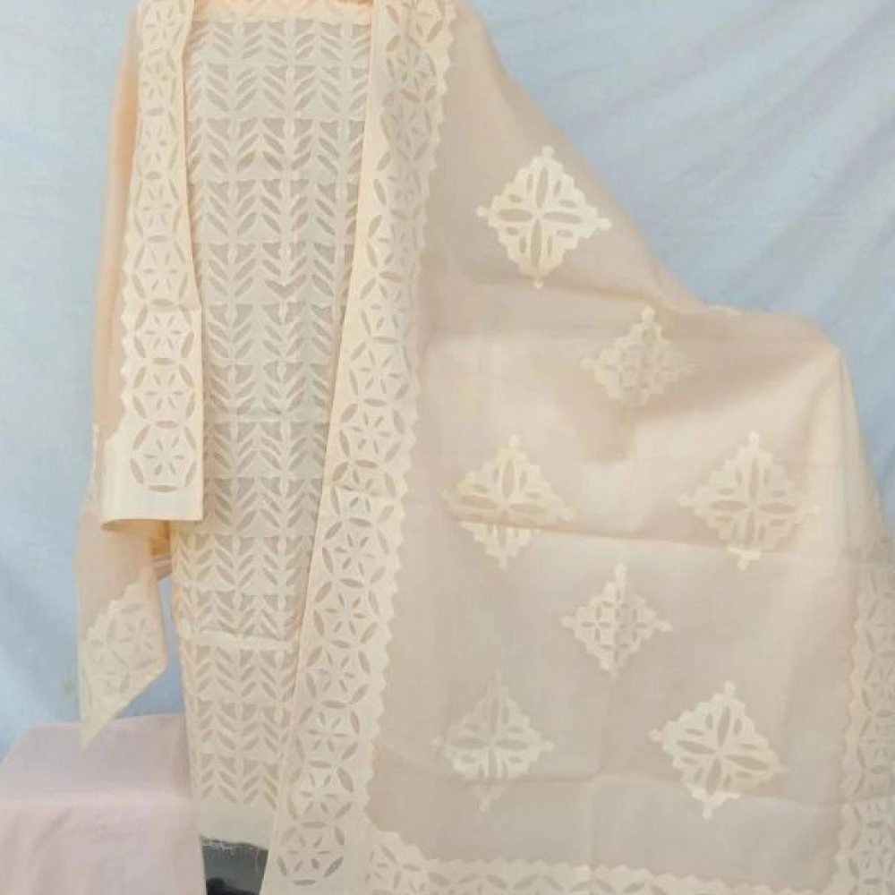 Women's Applique Work Cotton Suits |Unstitched Material| Light Peach