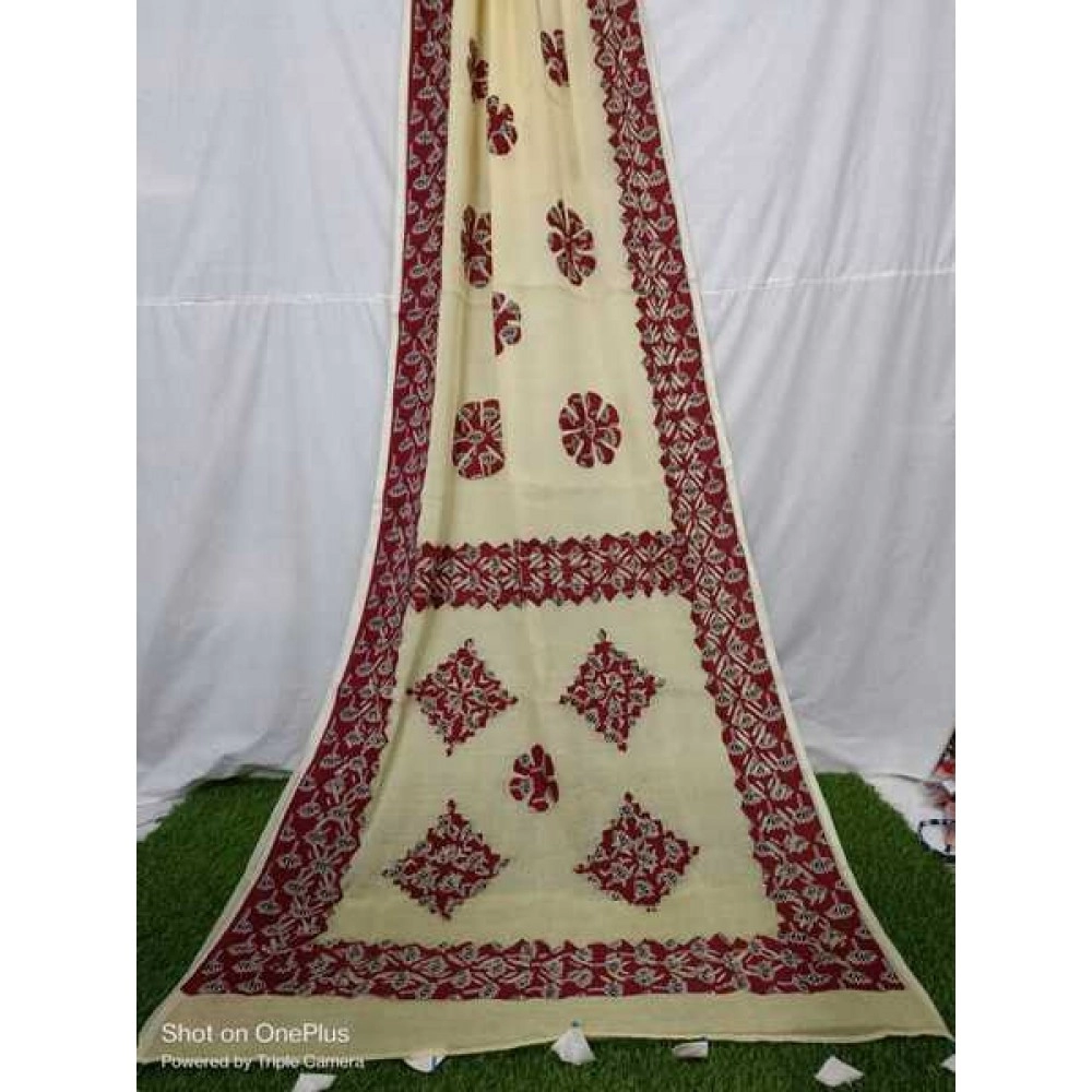 Women's Applique Work on Kota Doria Saree | Pure Kota | Dark Vanilla