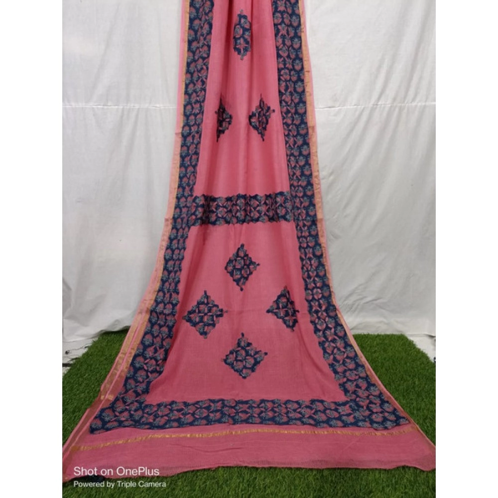 Women's Applique Work on Kota Doria Saree | Pure Kota | Rose Gold