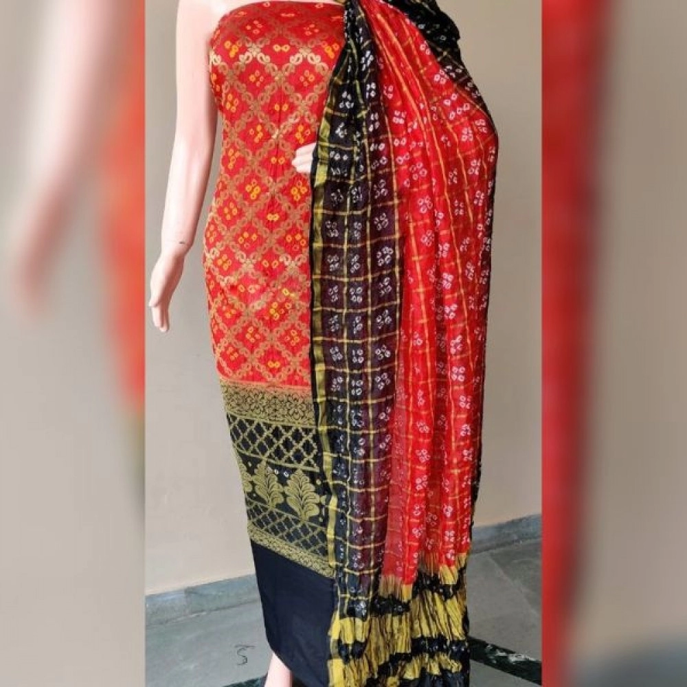 Women's Banarasi Bandhej Ghatchola | Unstitched Suits | Red-Black