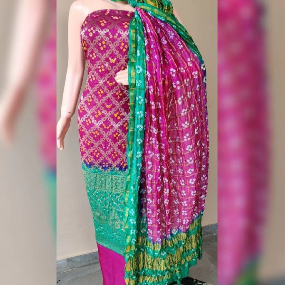 Women's Banarasi Bandhej Ghatchola | Unstitched Suits | Purple-Green