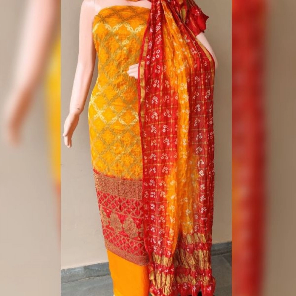 Women's Banarasi Bandhej Ghatchola | Unstitched Suits | Yellow-Orange