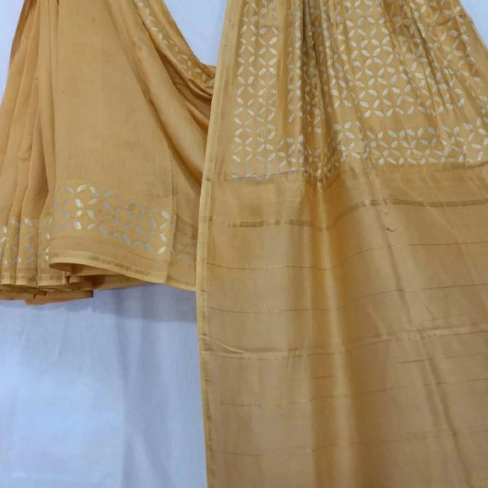 Women's Applique/Cut Work Chanderi Silk Cotton Saree | Golden