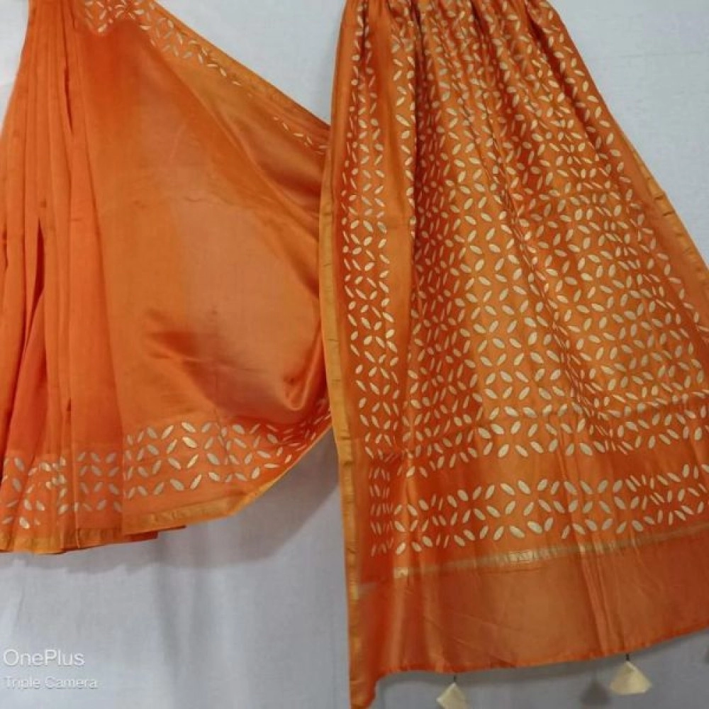 Women's Applique/Cut Work Chanderi Silk Cotton Saree | Citrine Brown