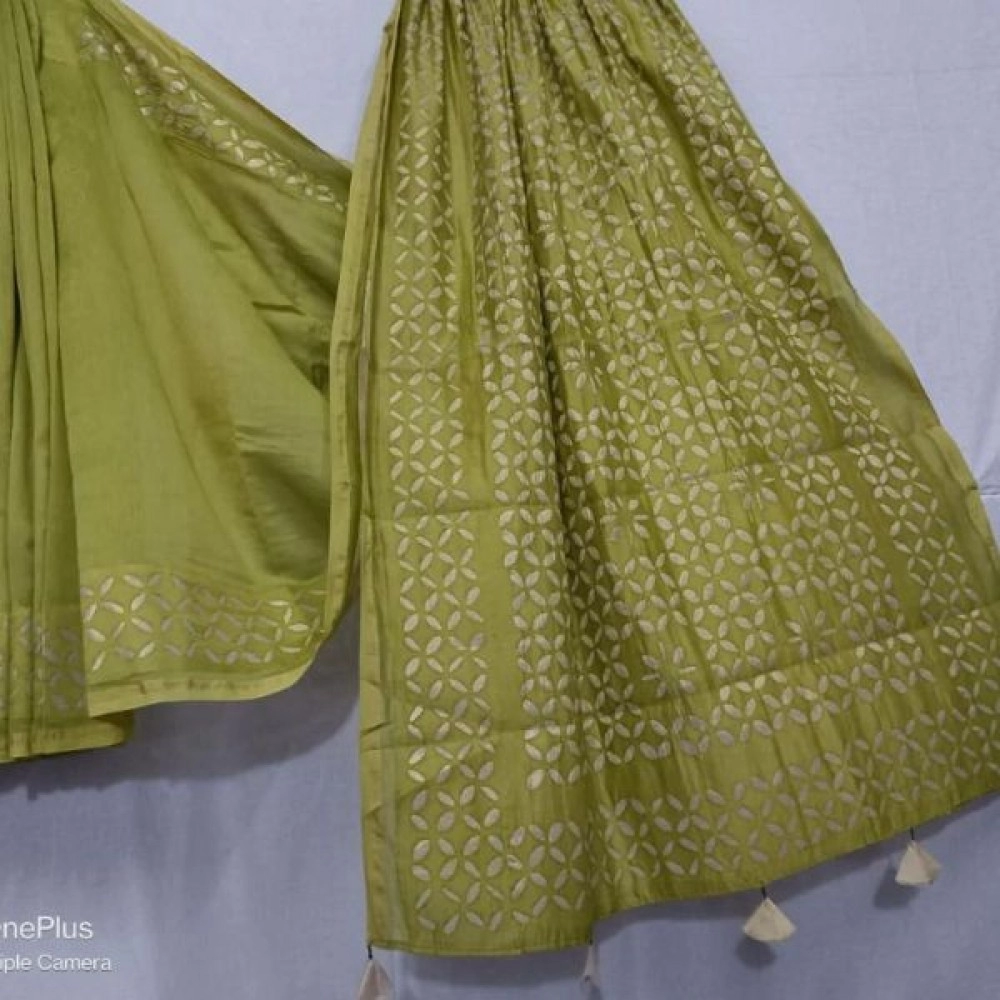 Women's Applique/Cut Work Chanderi Silk Cotton Saree | Old Moss Green
