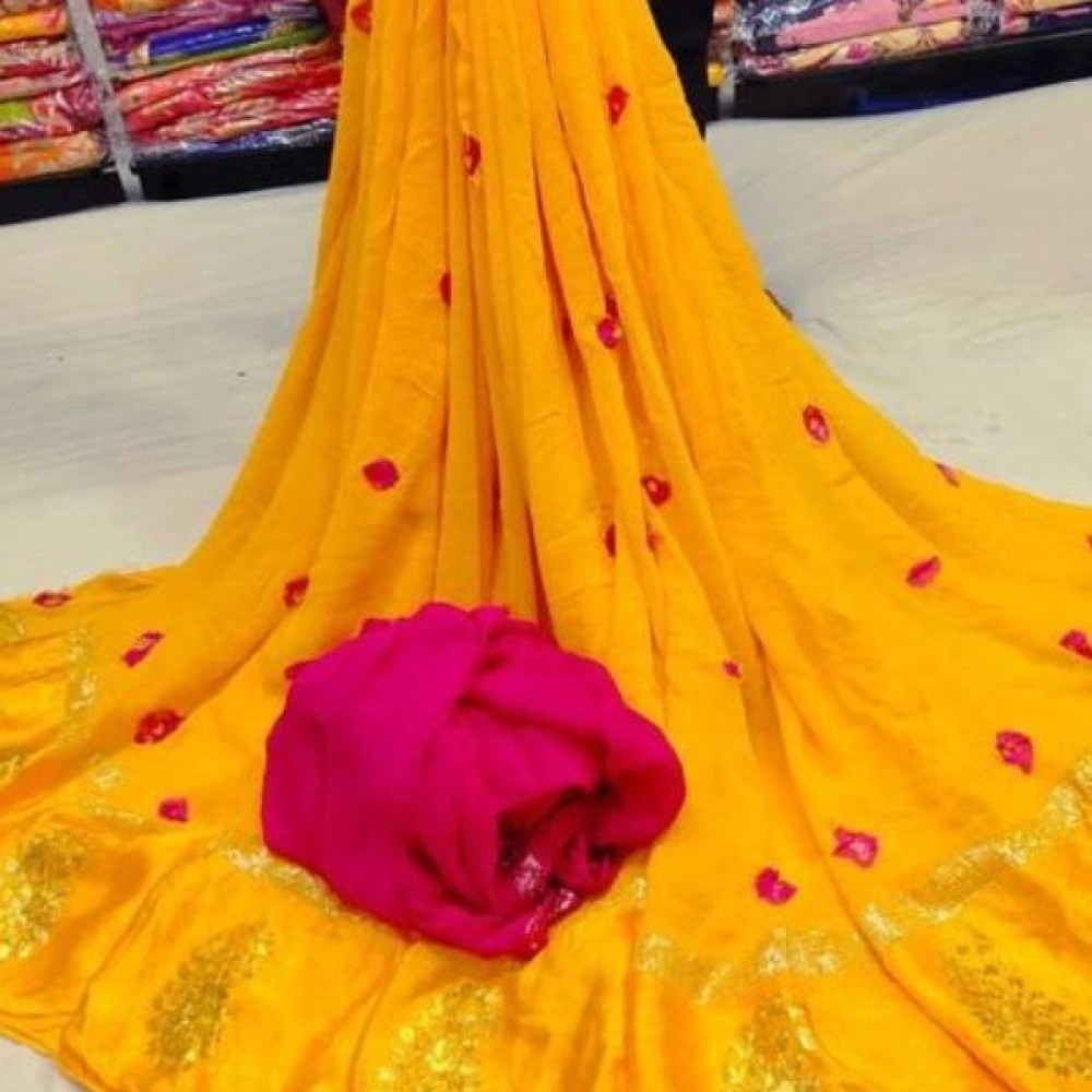 Women's Georgette Satan Patta Saree With Petan Gota Work | Yellow