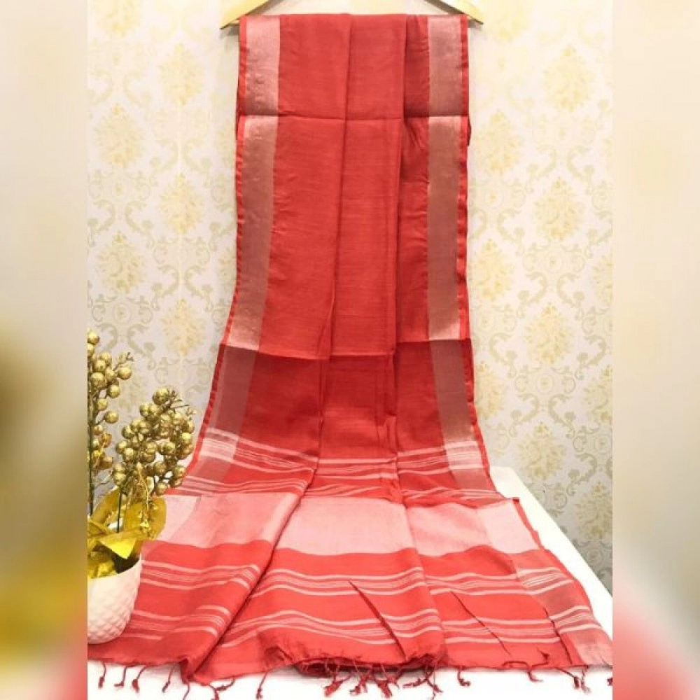 Women's Handwoven Cotton Linen Saree | Red
