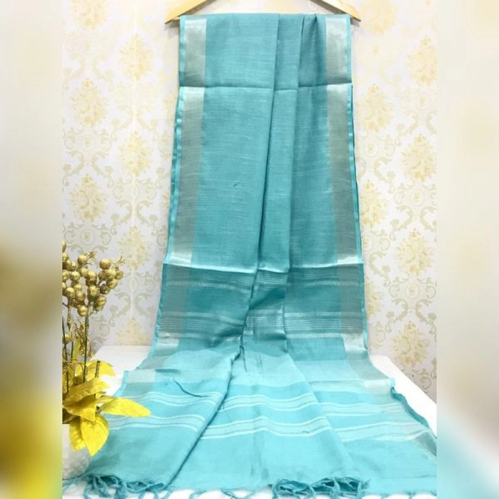 Women's Handwoven Cotton Linen Saree | Sky Blue