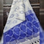 Women's Ikkat Print Cotton Saree | White  Blue