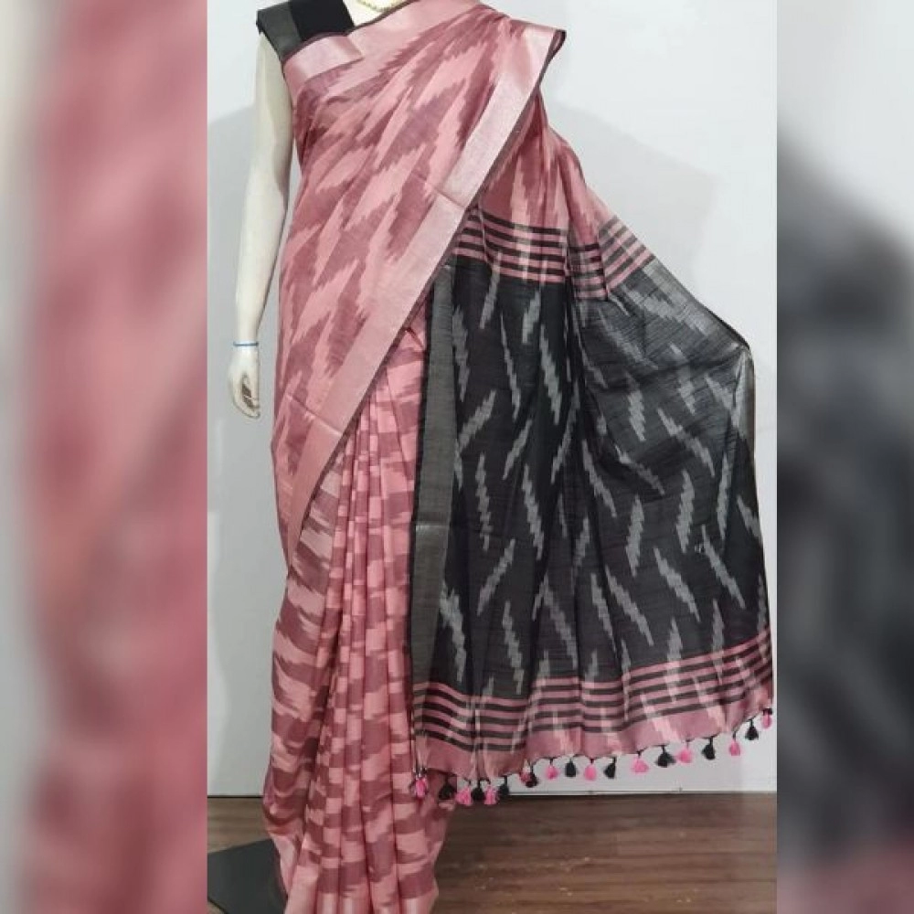 Women's Ikkat Print Cotton Saree | Burgandy Black