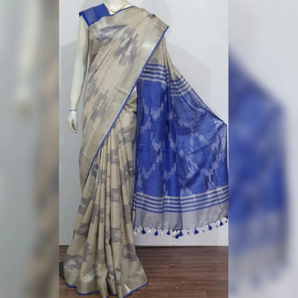 Women's Ikkat Print Cotton Saree | Grey Blue