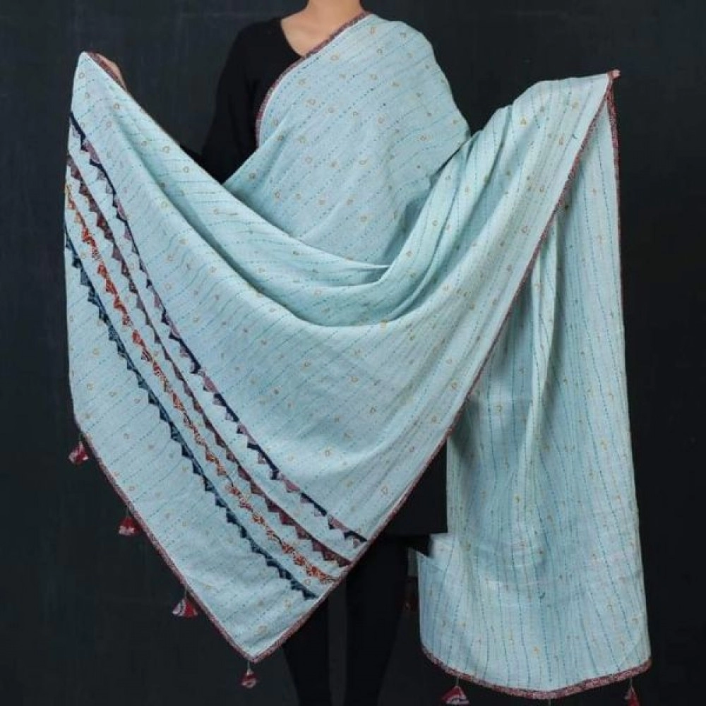 Women's Kantha Work Mulmul Dupatta | Sky Blue