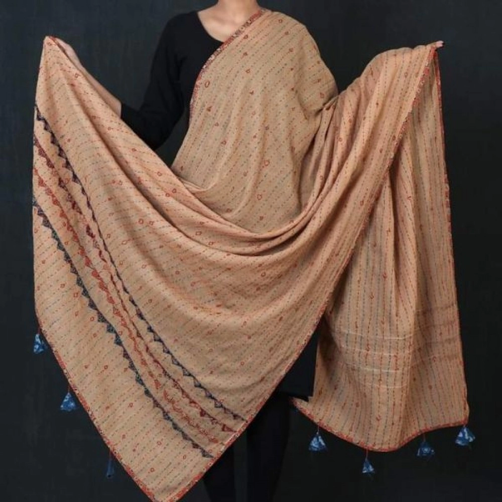 Women's Kantha Work Mulmul Dupatta | Brown