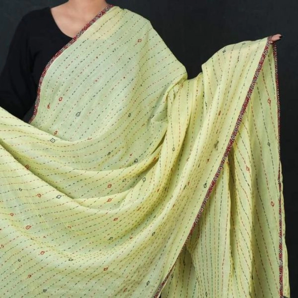 Women's Kantha Work Mulmul Dupatta | Lemon Yellow
