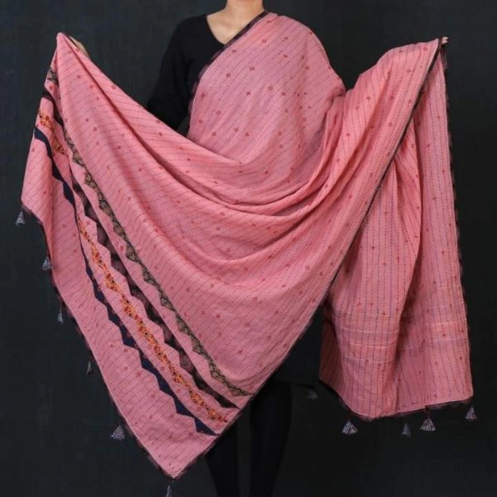 Women's Kantha Work Mulmul Dupatta | Light Pink
