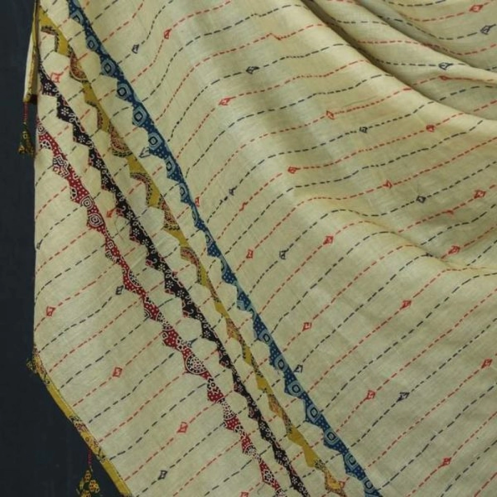 Women's Kantha Work Mulmul Dupatta | Green