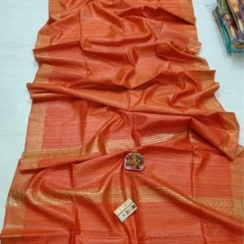 Women's Tassar Ghicha Pure Silk Saree With Golden Pallu And Border | Copper Red