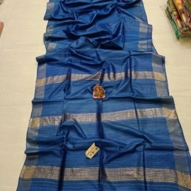 Women's Tassar Ghicha Pure Silk Saree With Golden Pallu And Border | Dark Blue