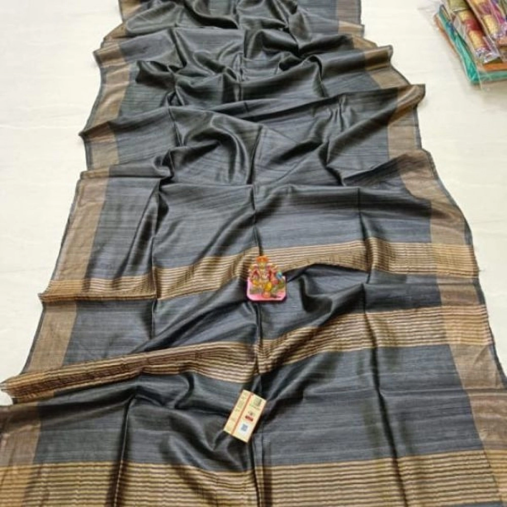 Women's Tassar Ghicha Pure Silk Saree With Golden Pallu And Border | Grey