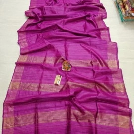 Women's Tassar Ghicha Pure Silk Saree With Golden Pallu And Border | Mulberry