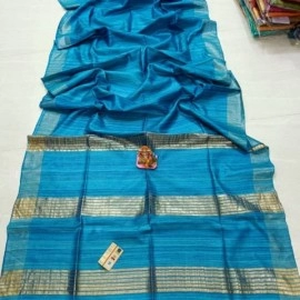 Women's Tassar Ghicha Pure Silk Saree With Golden Pallu And Border | Pacific Blue