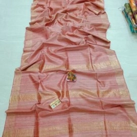 Women's Tassar Ghicha Pure Silk Saree With Golden Pallu And Border | Peach