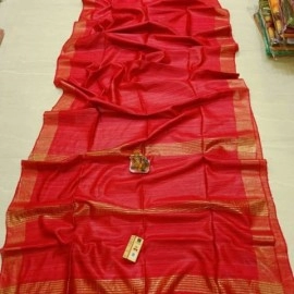 Women's Tassar Ghicha Pure Silk Saree With Golden Pallu And Border | Red