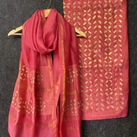 Women's Unstitched Applique Work Chanderi Silk Cotton Suits | Fiery Rose