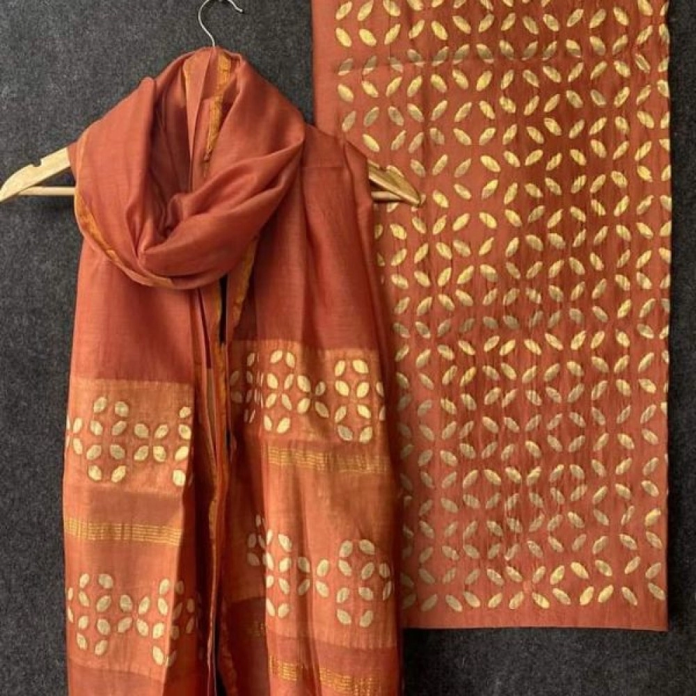 Women's Unstitched Applique Work Chanderi Silk Cotton Suits | Light Maroon