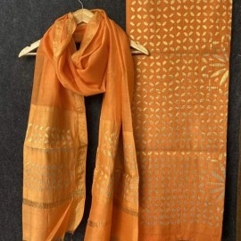 Women's Unstitched Applique Work Chanderi Silk Cotton Suits | Royal Orange