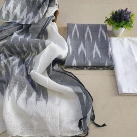 Women's Unstitched Ikkat Cotton Dress Materials | Gray-White