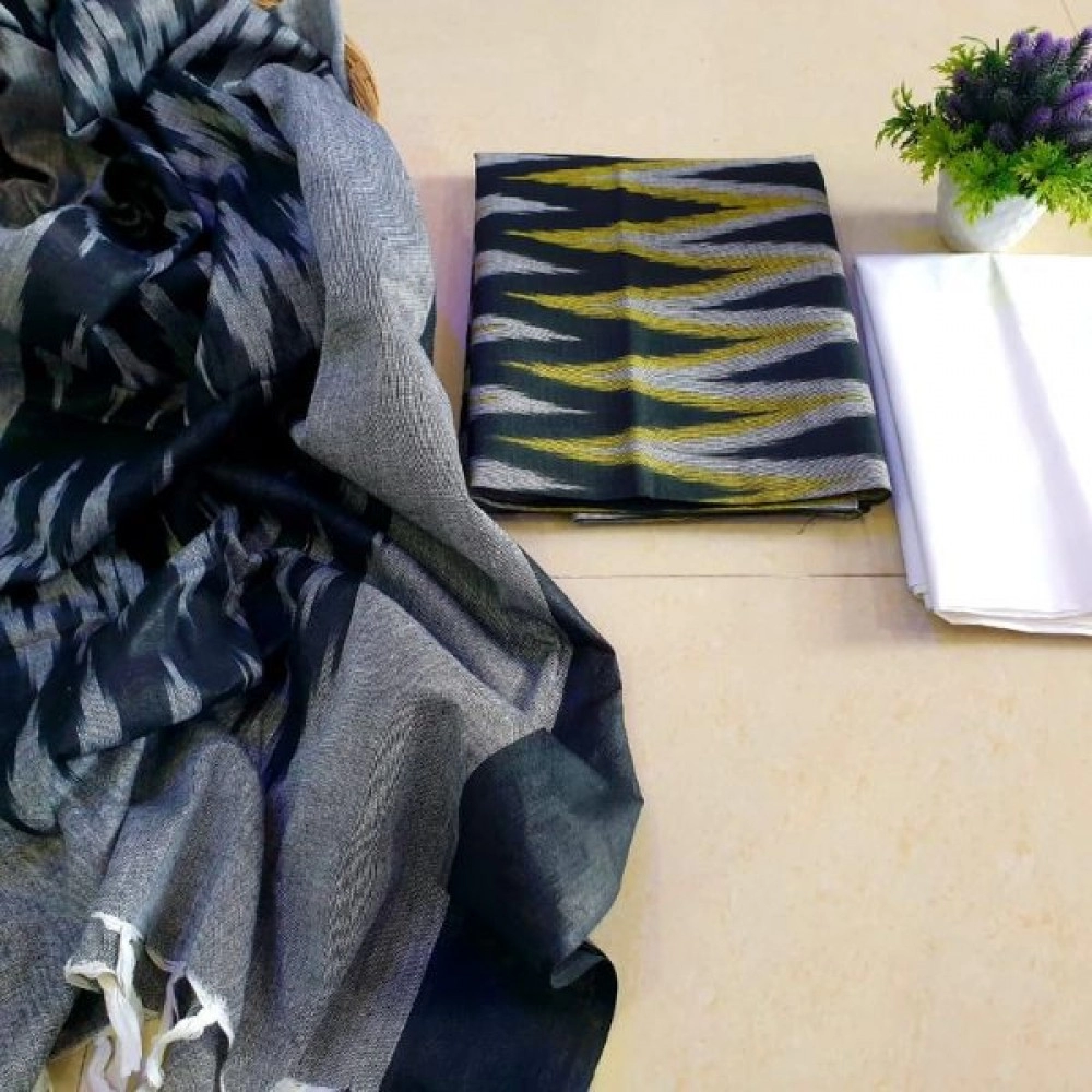 Women's Unstitched Ikkat Cotton Dress Materials | Gray-Yellow