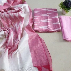 Women's Unstitched Ikkat Cotton Dress Materials | Light Pink-White