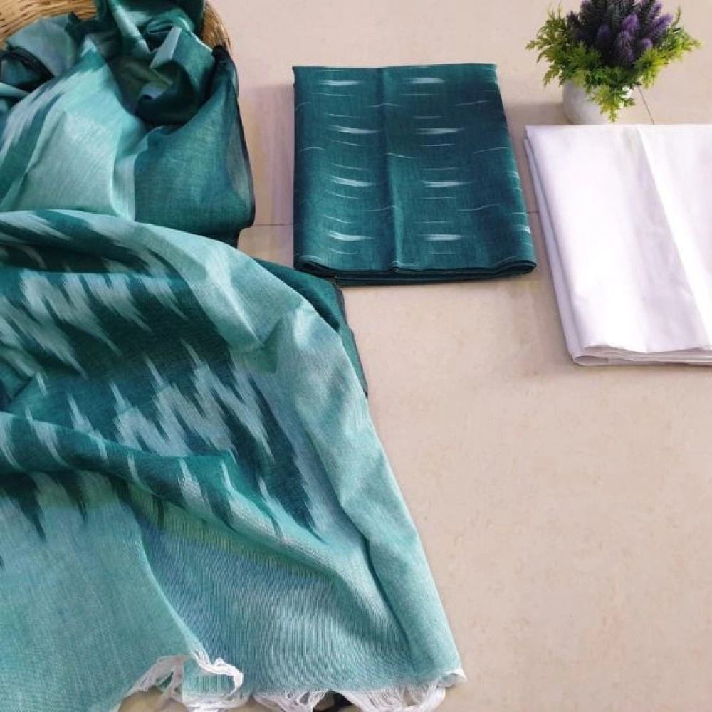 Women's Unstitched Ikkat Cotton Dress Materials | Teal Blue