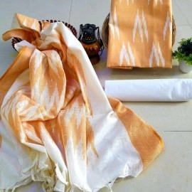 Women's Unstitched Ikkat Cotton Dress Materials | Light Orange-White