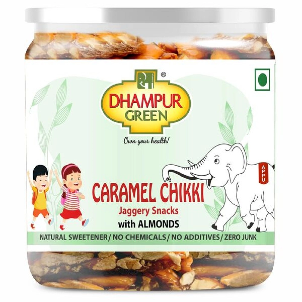 Dhampur Green Caramel Badam Chikki | Jaggery Snacks With Almond | No Chemical | 200 gm ( Pack of 2 )